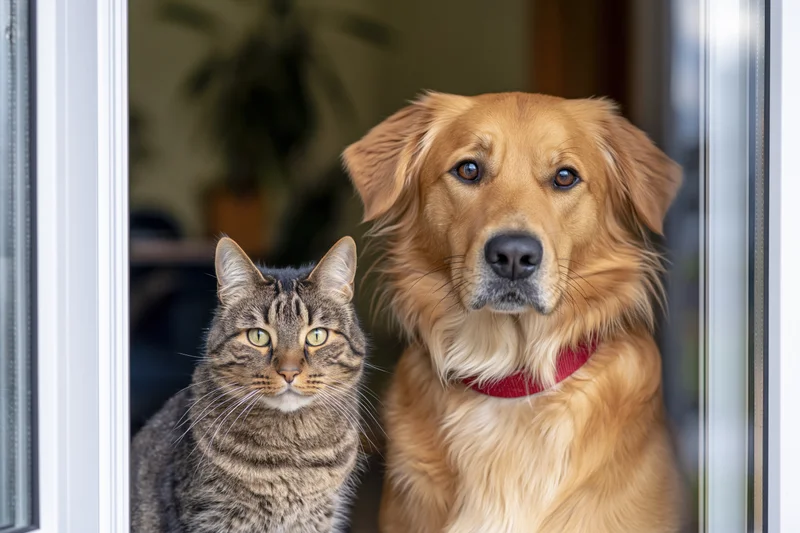 Dog and cat sitting together by a window inside a home