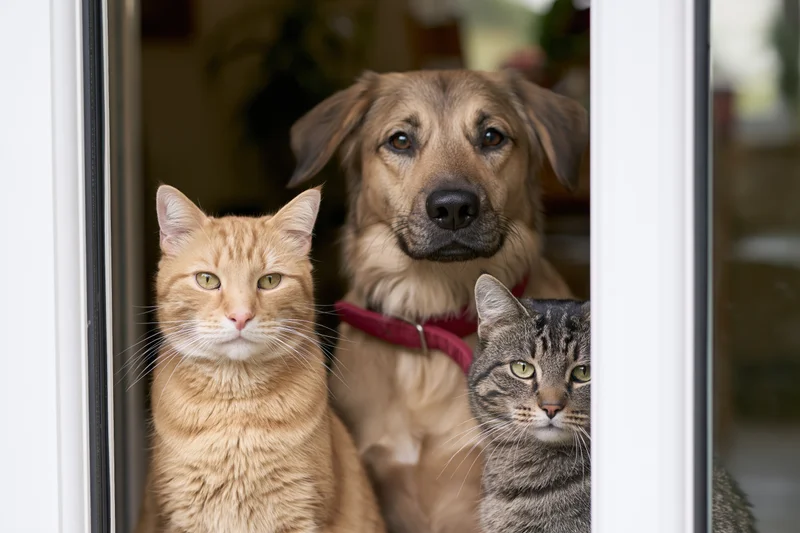 Two cats and a dog looking out through a glass door frame