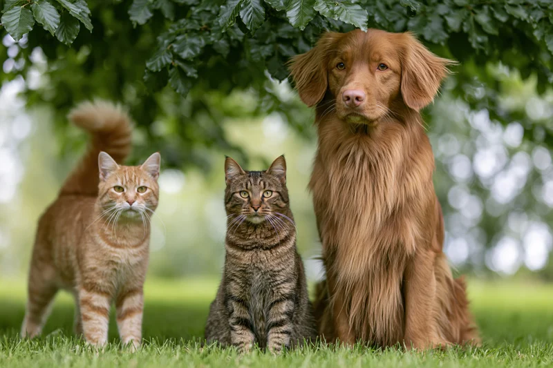 Dog and two cats sitting together on grass under tree shade