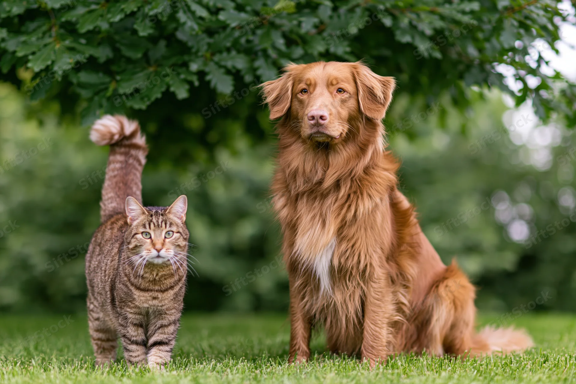 Tabby cat standing with raised tail and nova scotia duck tolling retriever sitting on grass under tree