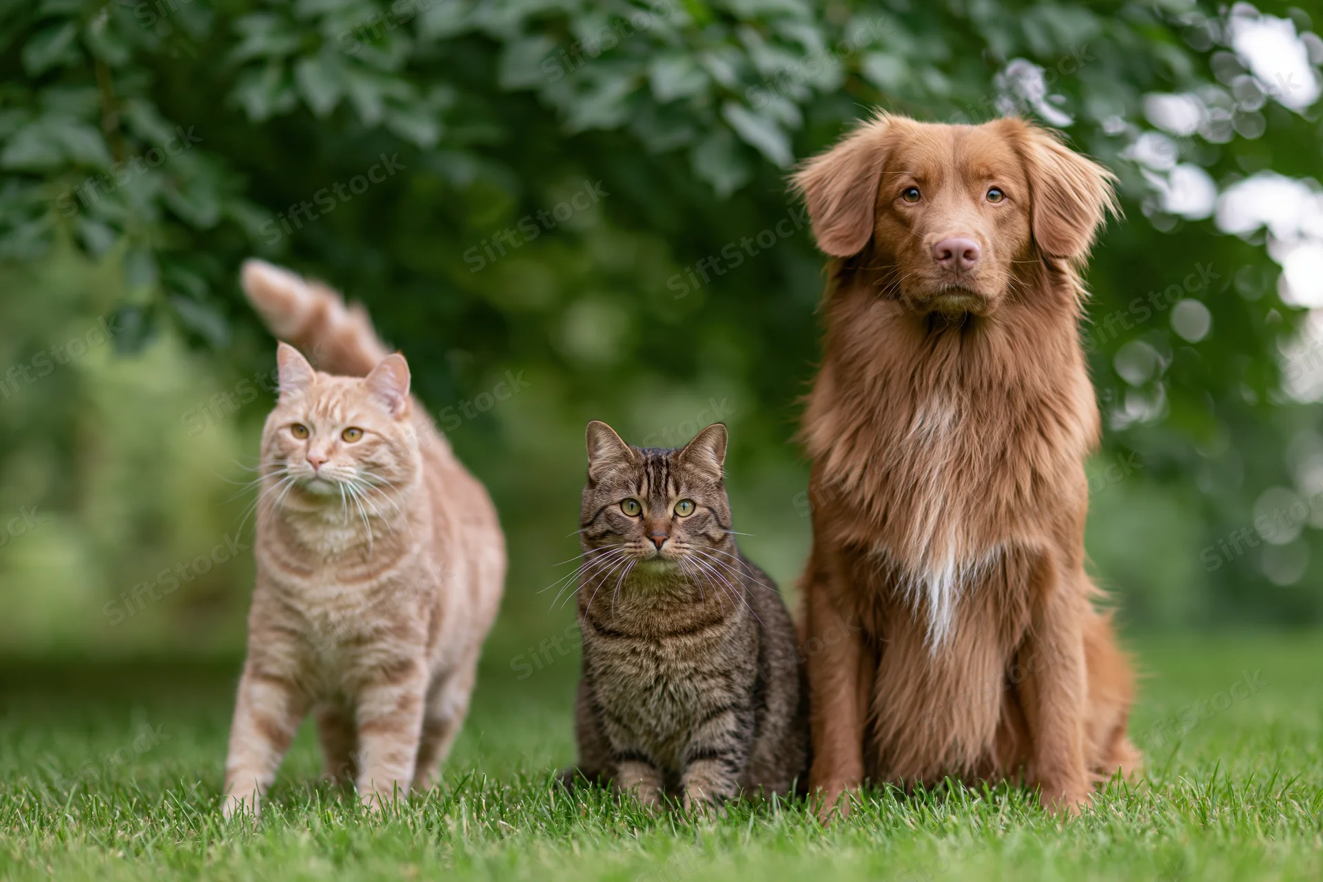 Dog and two cats sitting and standing on grass in a garden with trees in the background