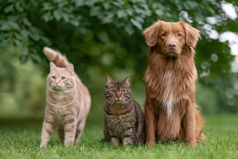 Dog and two cats sitting and standing on grass in a garden with trees in the background