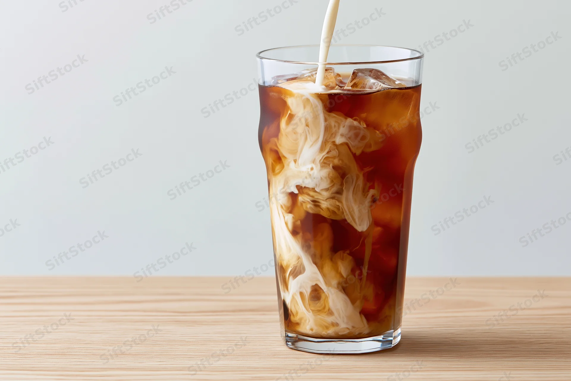 Cream being poured into a tall glass of iced coffee on a wooden table