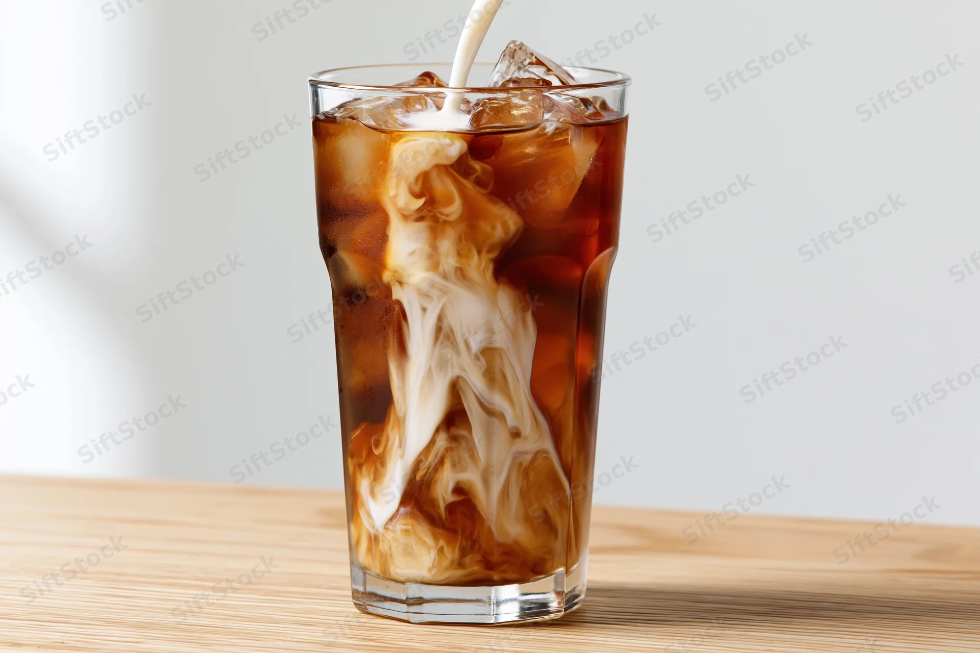 Iced coffee in a tall glass with cream swirling as it is poured onto ice on a wooden table