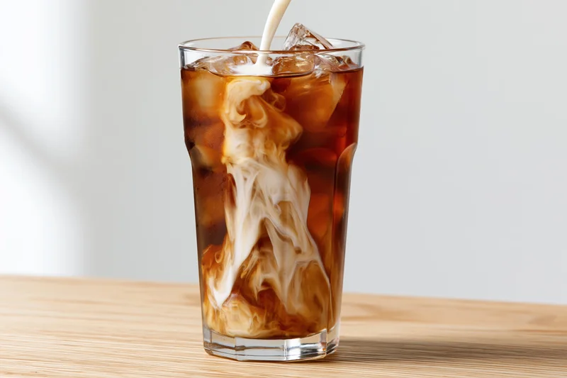 Iced coffee in a tall glass with cream swirling as it is poured onto ice on a wooden table