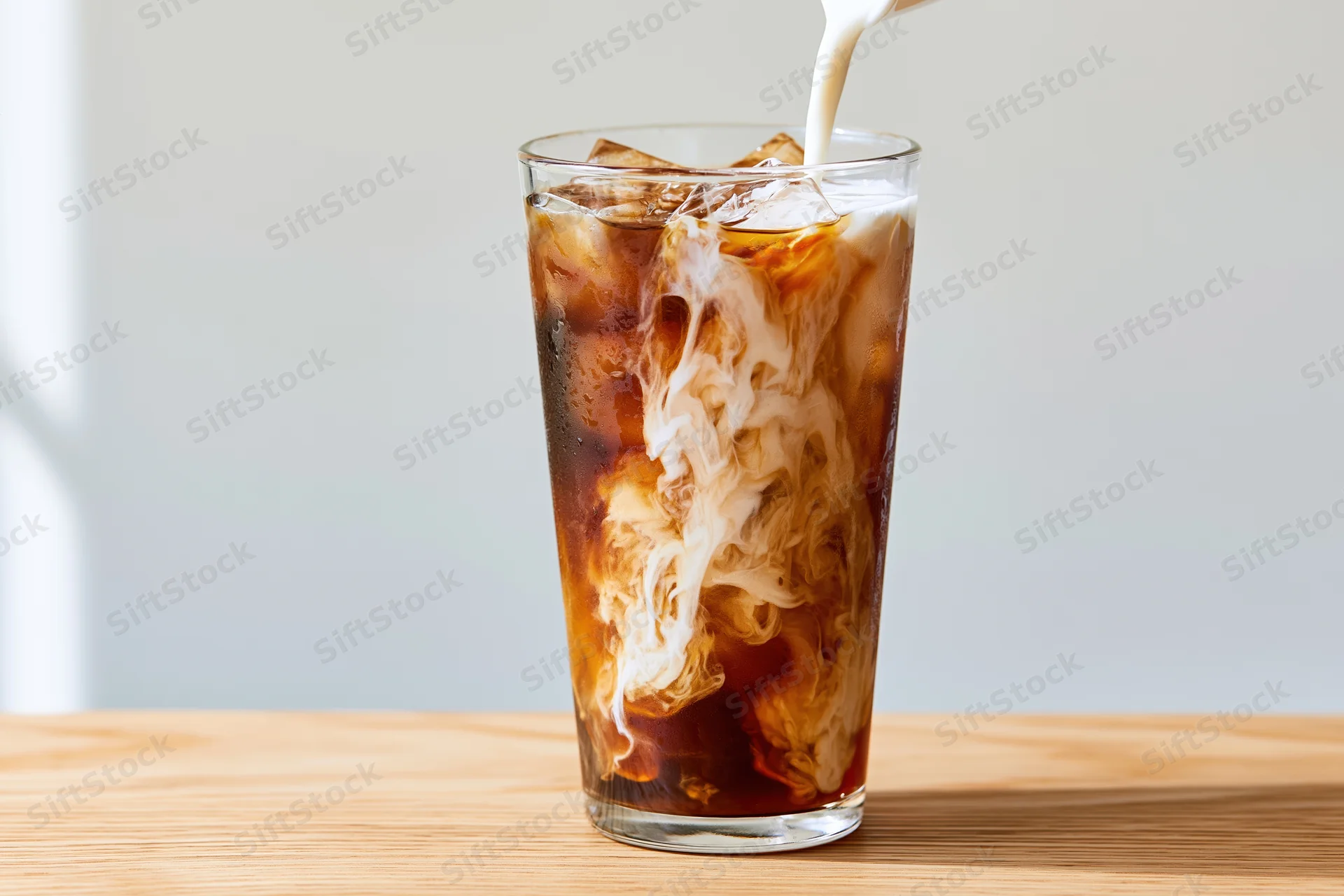 Cream being poured into a tall glass of iced coffee on a wooden table