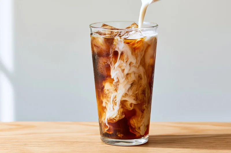 Cream being poured into a tall glass of iced coffee on a wooden table