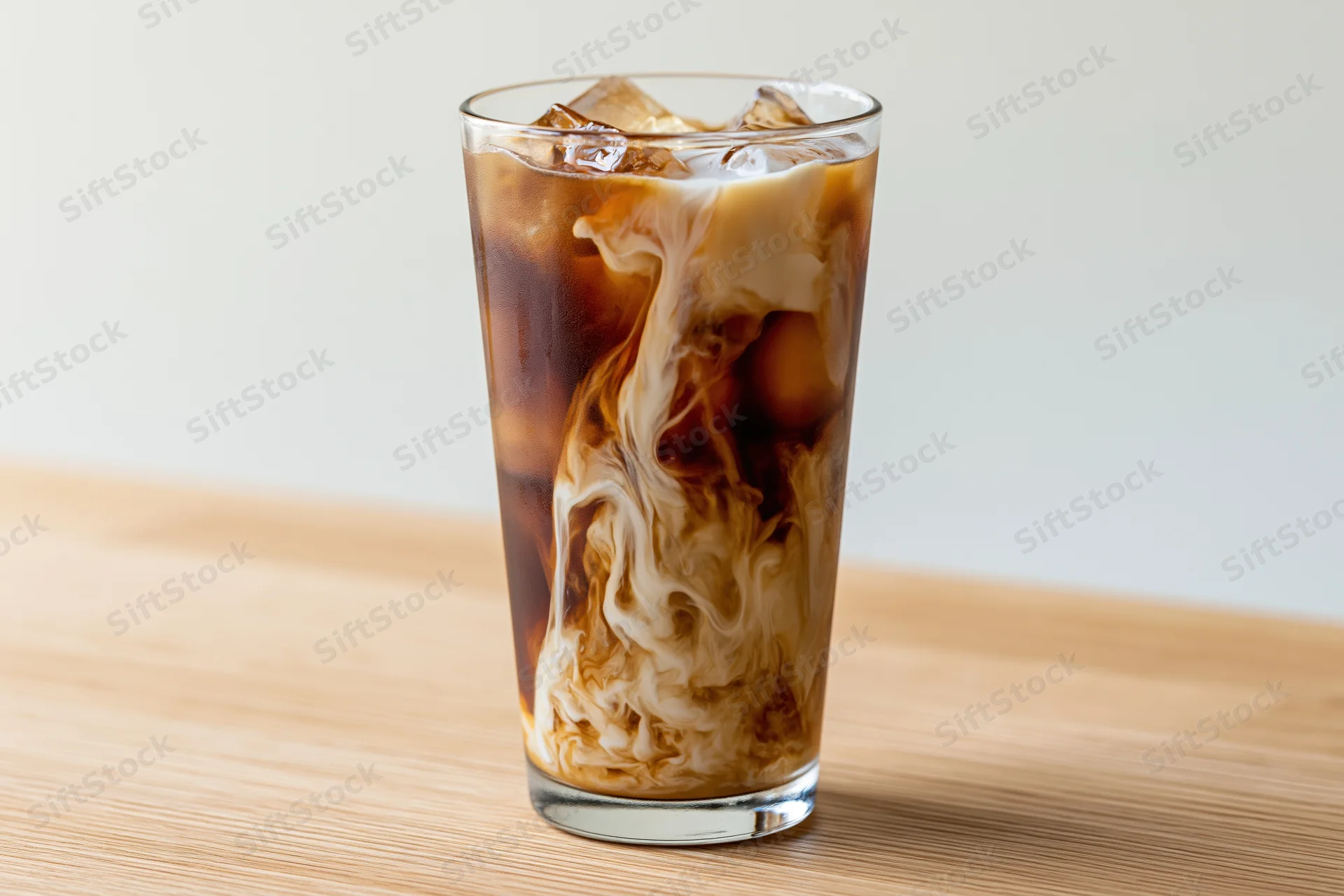 Iced coffee with cream swirling in a tall glass on a wooden table