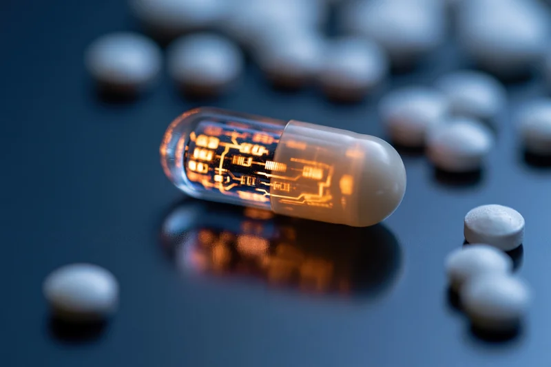 Translucent pharmaceutical capsule with glowing circuit board resting on dark reflective surface among white pills