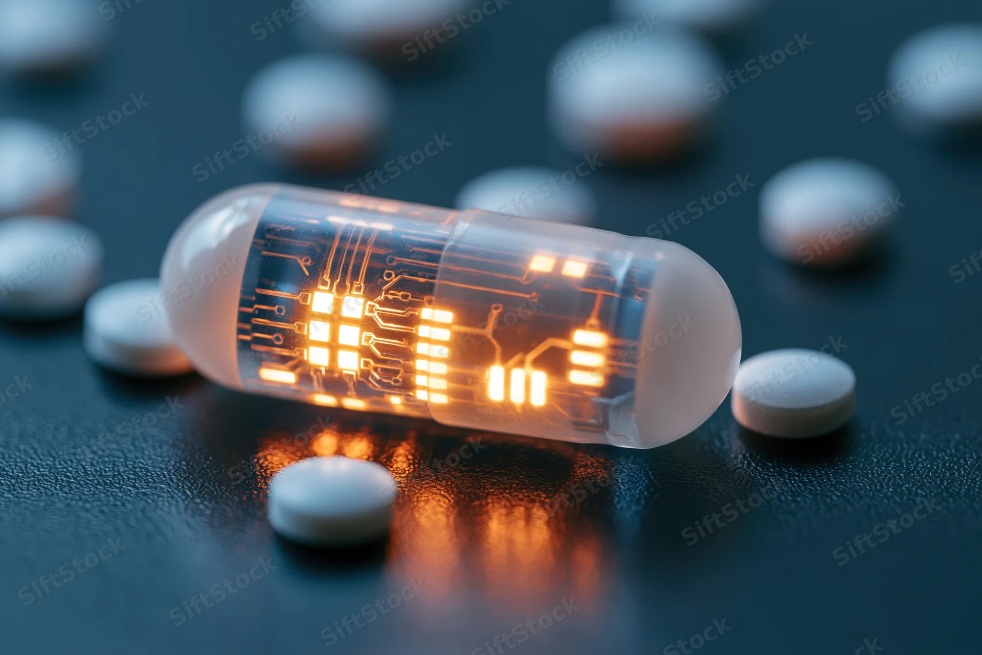 Translucent medical capsule with glowing circuit board lying among white pills on dark surface