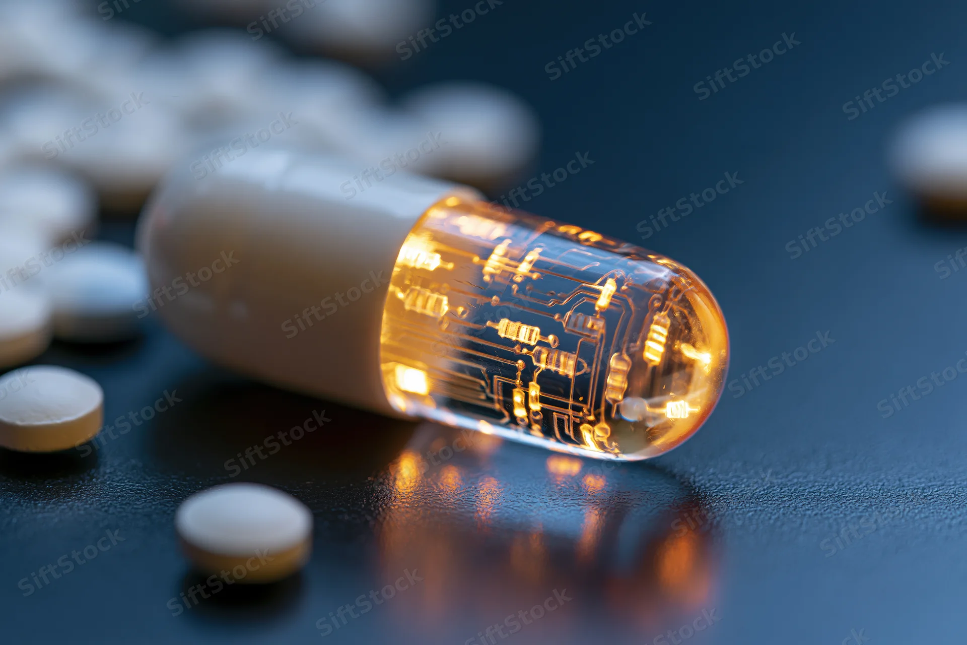 Translucent pharmaceutical capsule with glowing circuit board lying on dark surface among white pills