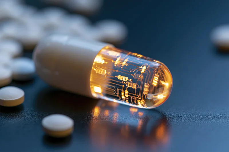 Translucent pharmaceutical capsule with glowing circuit board lying on dark surface among white pills