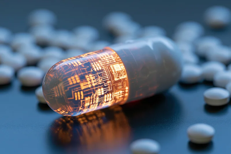 Translucent pharmaceutical capsule with glowing circuit board lying on dark surface surrounded by white pills