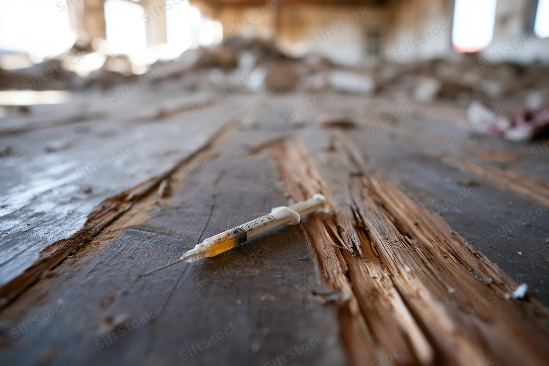 Used syringe with yellow residue lying on cracked wooden floor in abandoned building