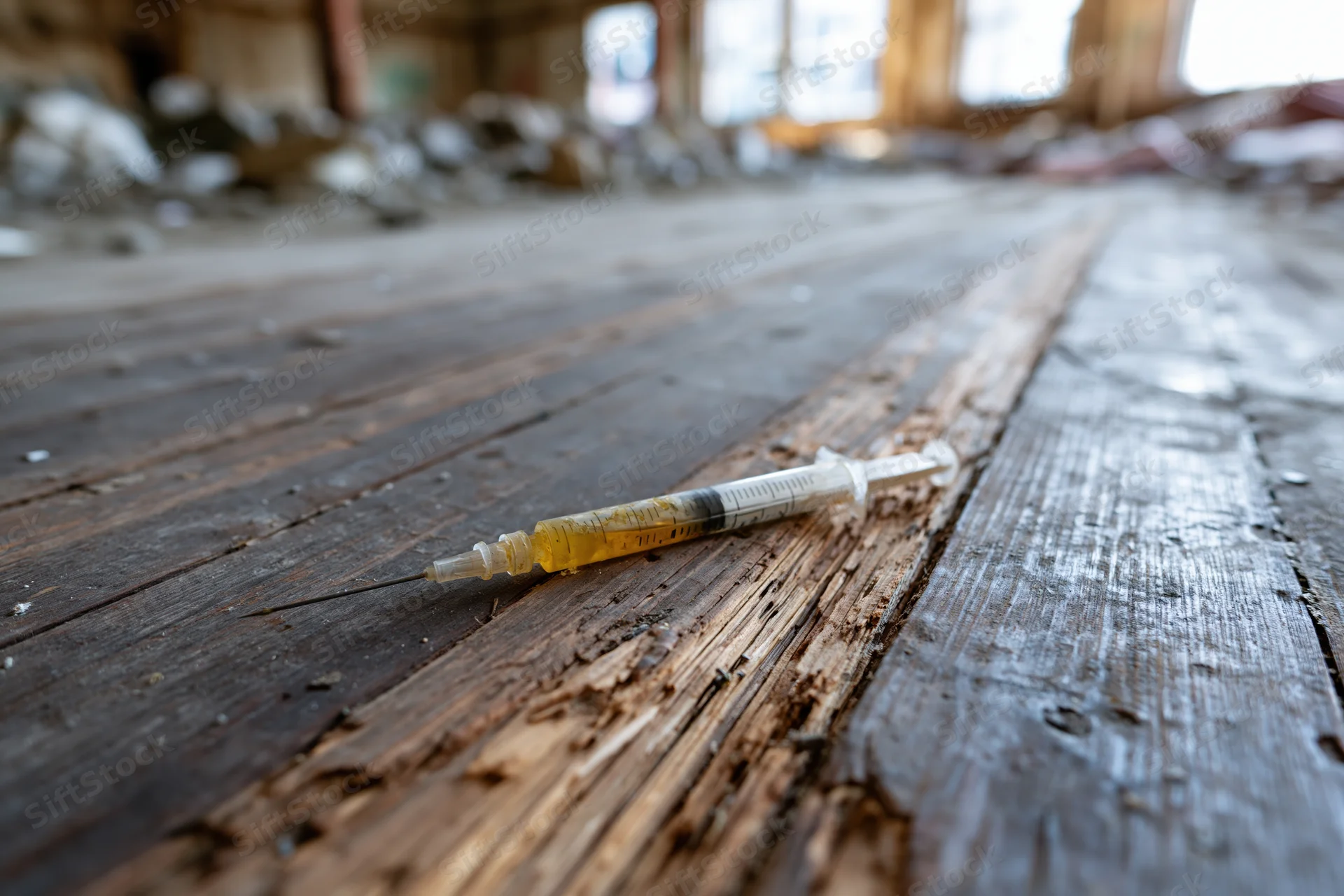 Used plastic syringe with yellow residue lying on weathered wooden floor in abandoned building