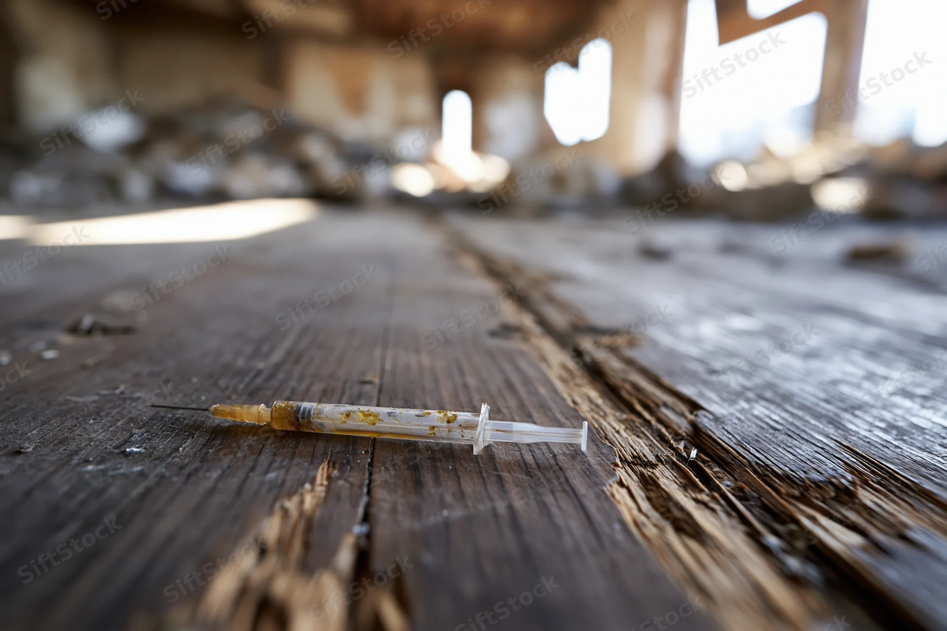 Used syringe with yellow residue lying on a weathered wooden floor in an abandoned building