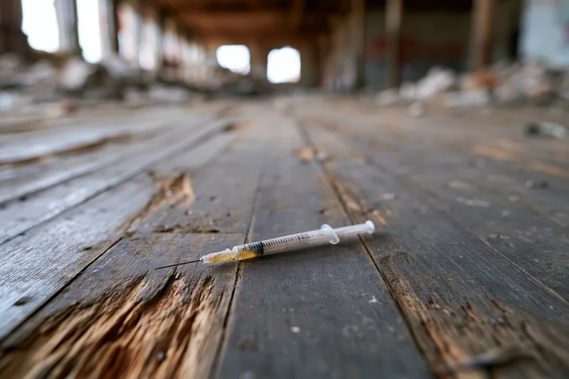 Used syringe with yellow residue lying on weathered wooden floor in abandoned building