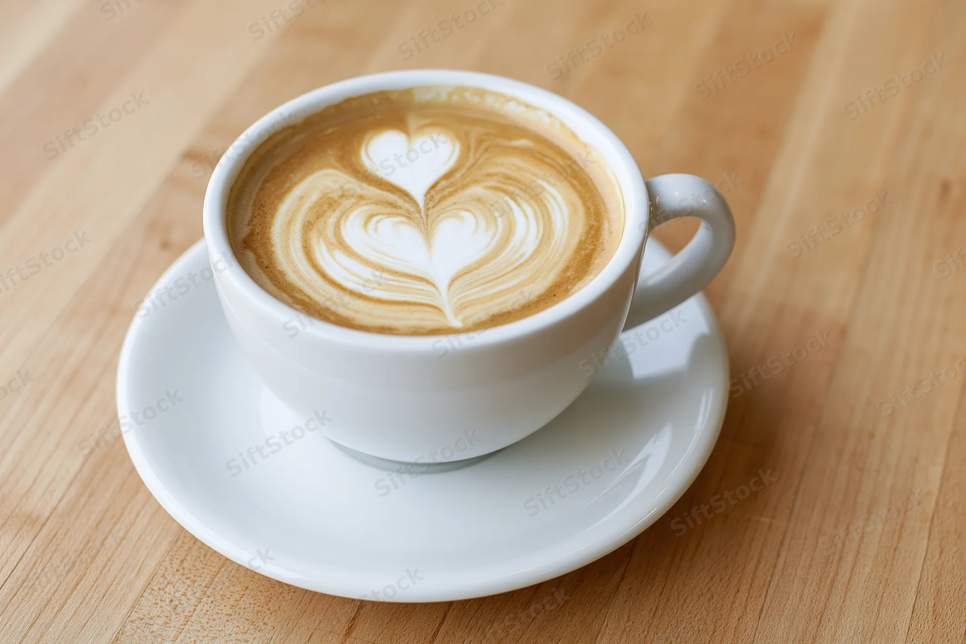 White ceramic cup of latte with heart-shaped foam art on wooden table