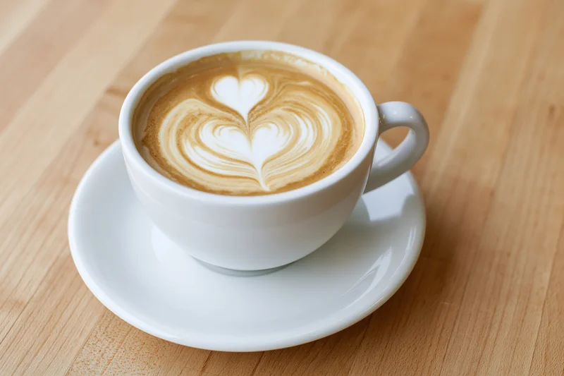 Latte Cup with Heart Foam Art on Wooden Table