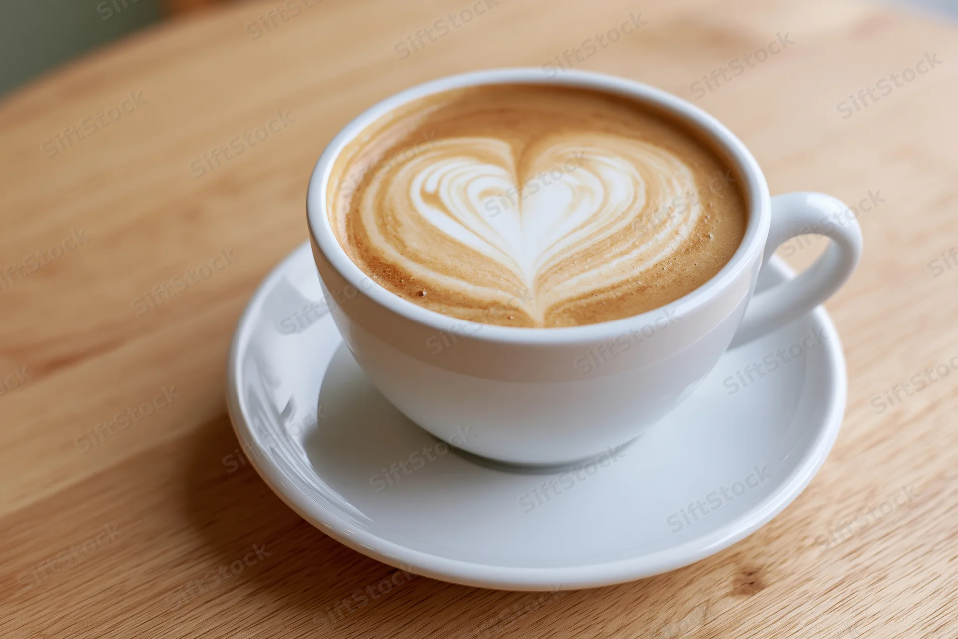 White ceramic cup of latte with heart-shaped foam art on wooden table