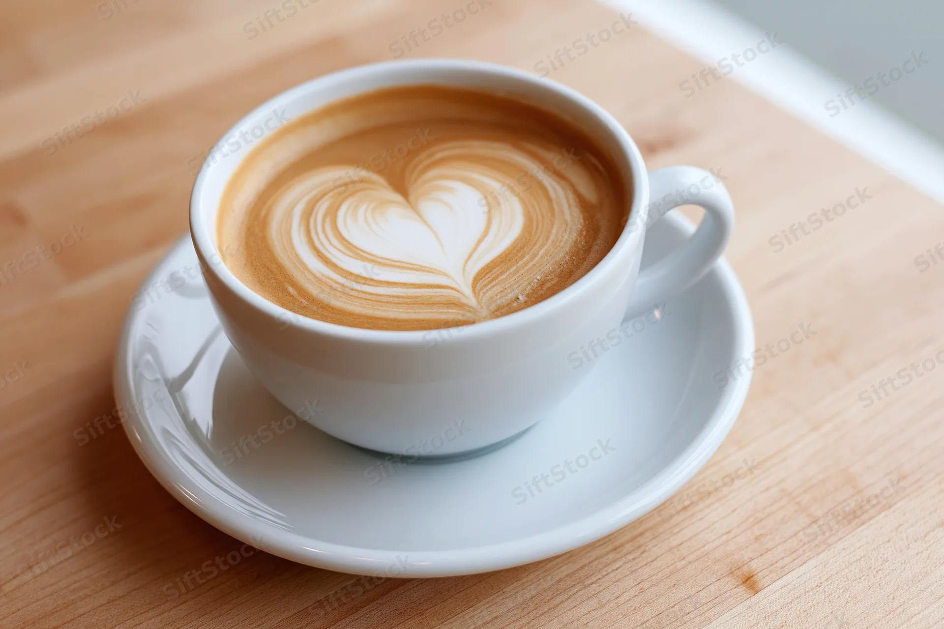 White ceramic cup of latte with heart-shaped foam art on wooden table