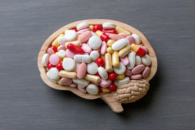 Wooden brain-shaped tray filled with assorted pills on dark surface