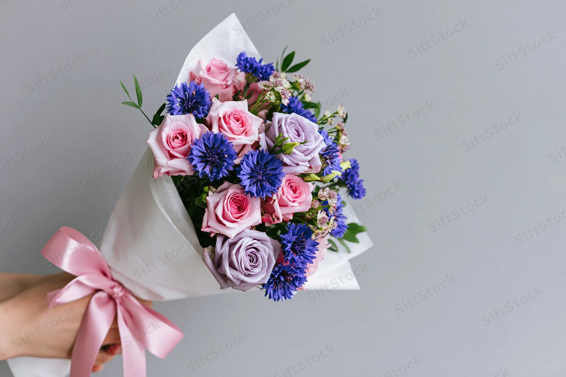 Woman holding a wrapped bouquet of pink and blue roses with ribbon against gray wall
