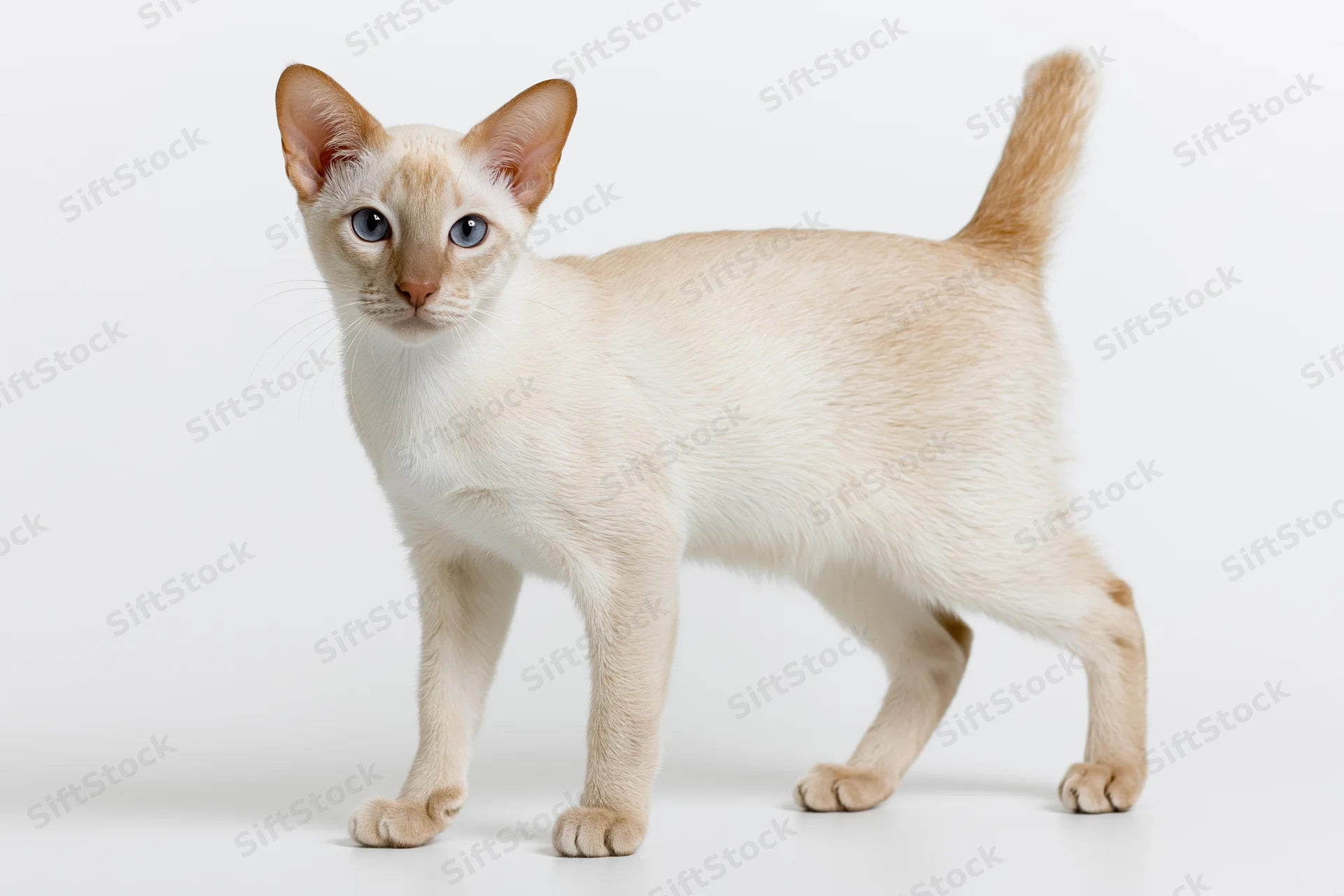 Young cream-white tonkinese cat standing alert in profile against white background