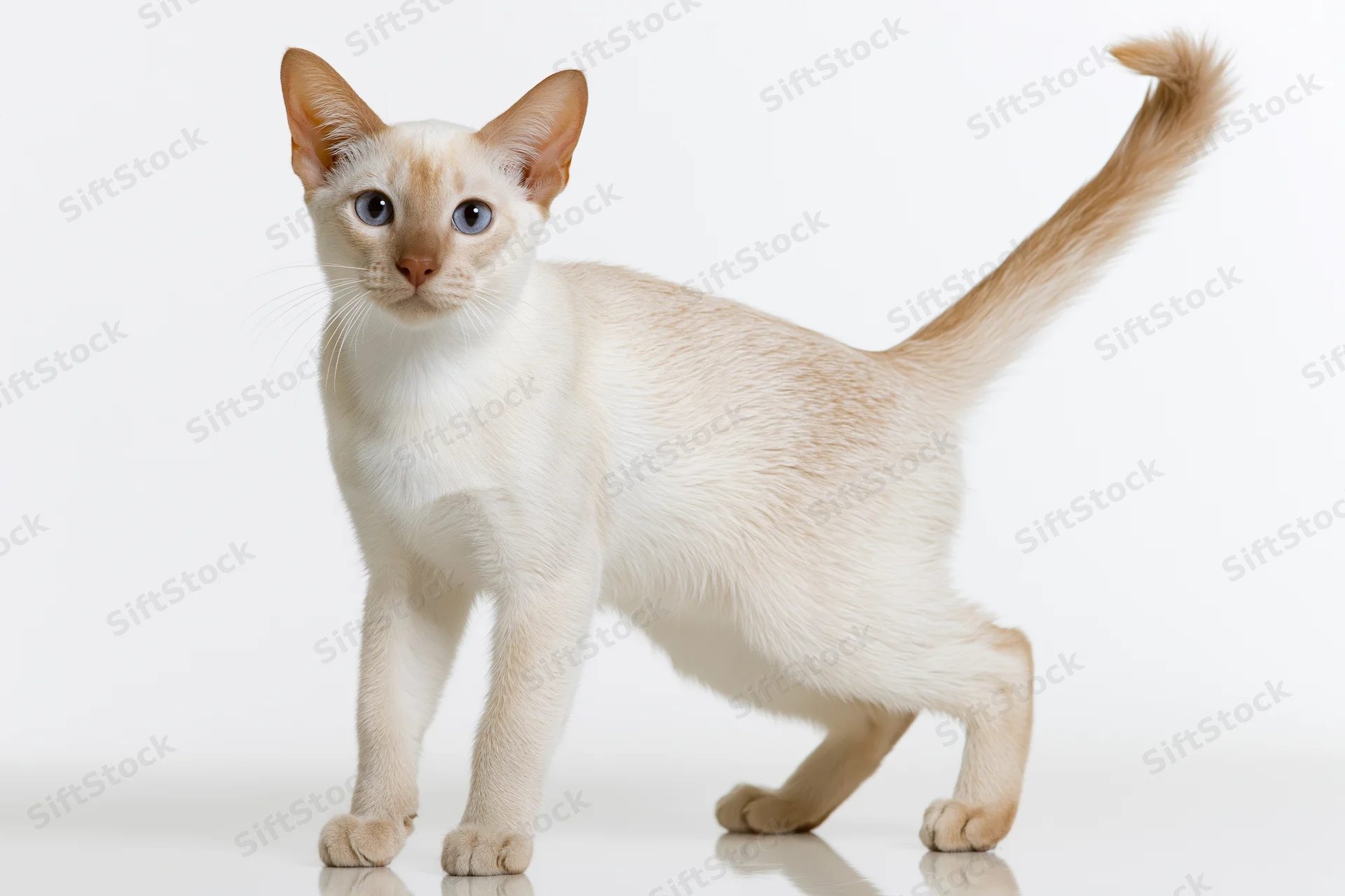Young cream-white tonkinese cat standing alert in studio with tail raised on white background