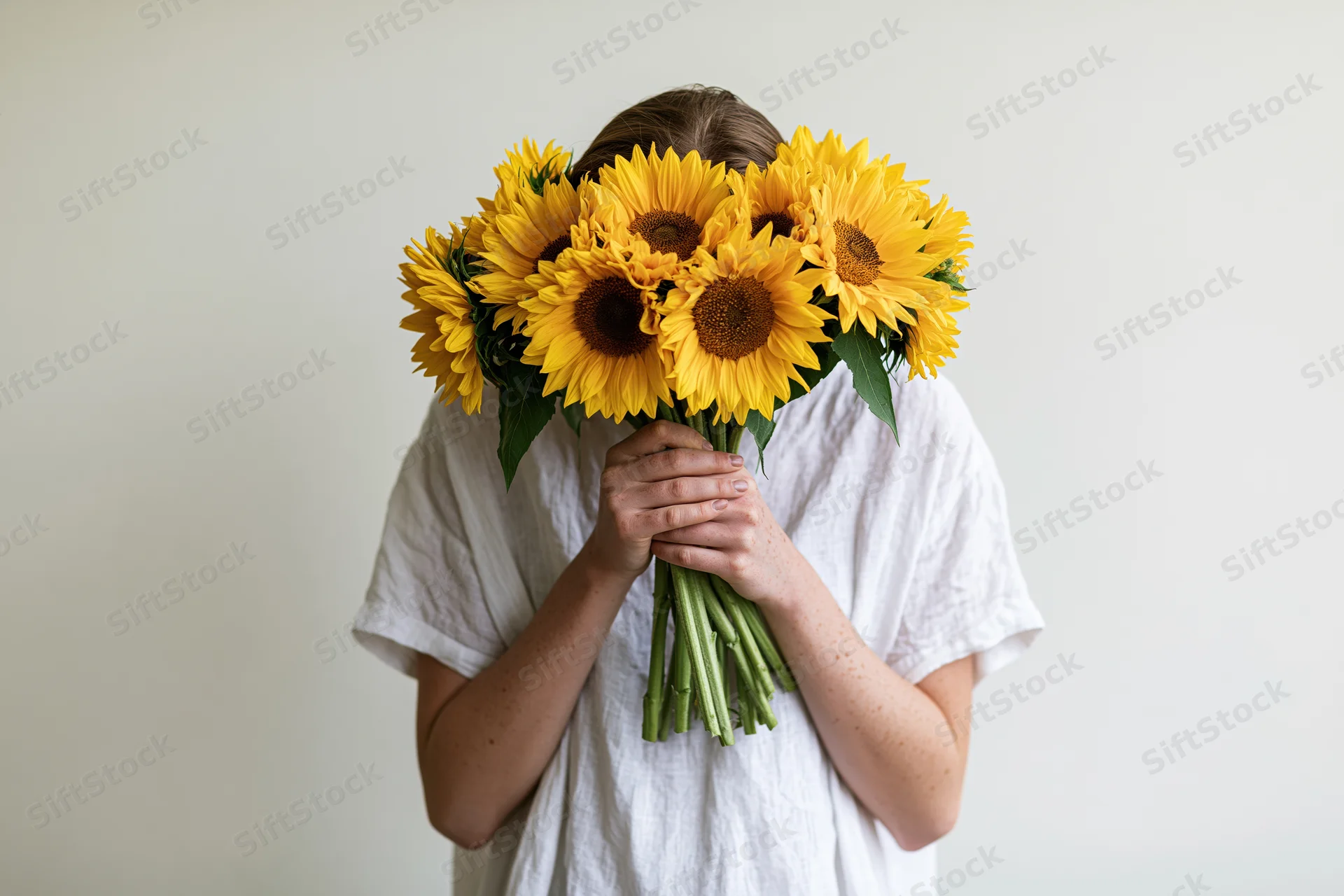Young woman holding bouquet of sunflowers in front of her face against plain white background