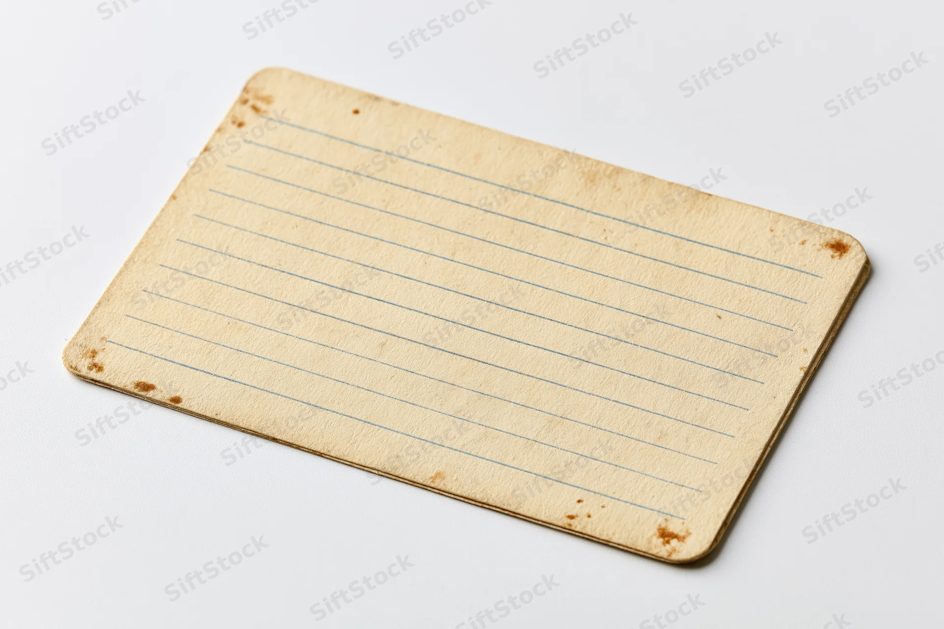 Aged blank lined index card lying flat on white background