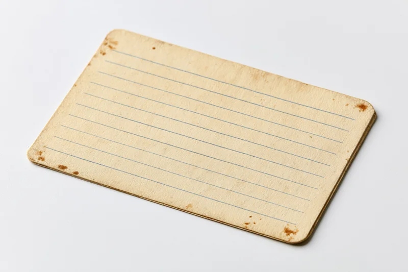 Aged blank lined index card lying flat on white background