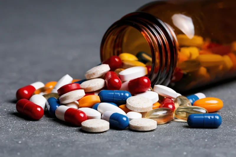 Spilled medication pills and capsules from an amber prescription bottle on a gray surface