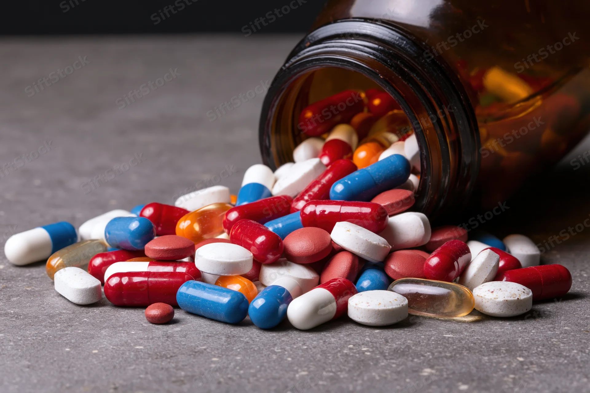 Scattered pills and capsules spilling from an amber glass bottle onto a dark gray surface