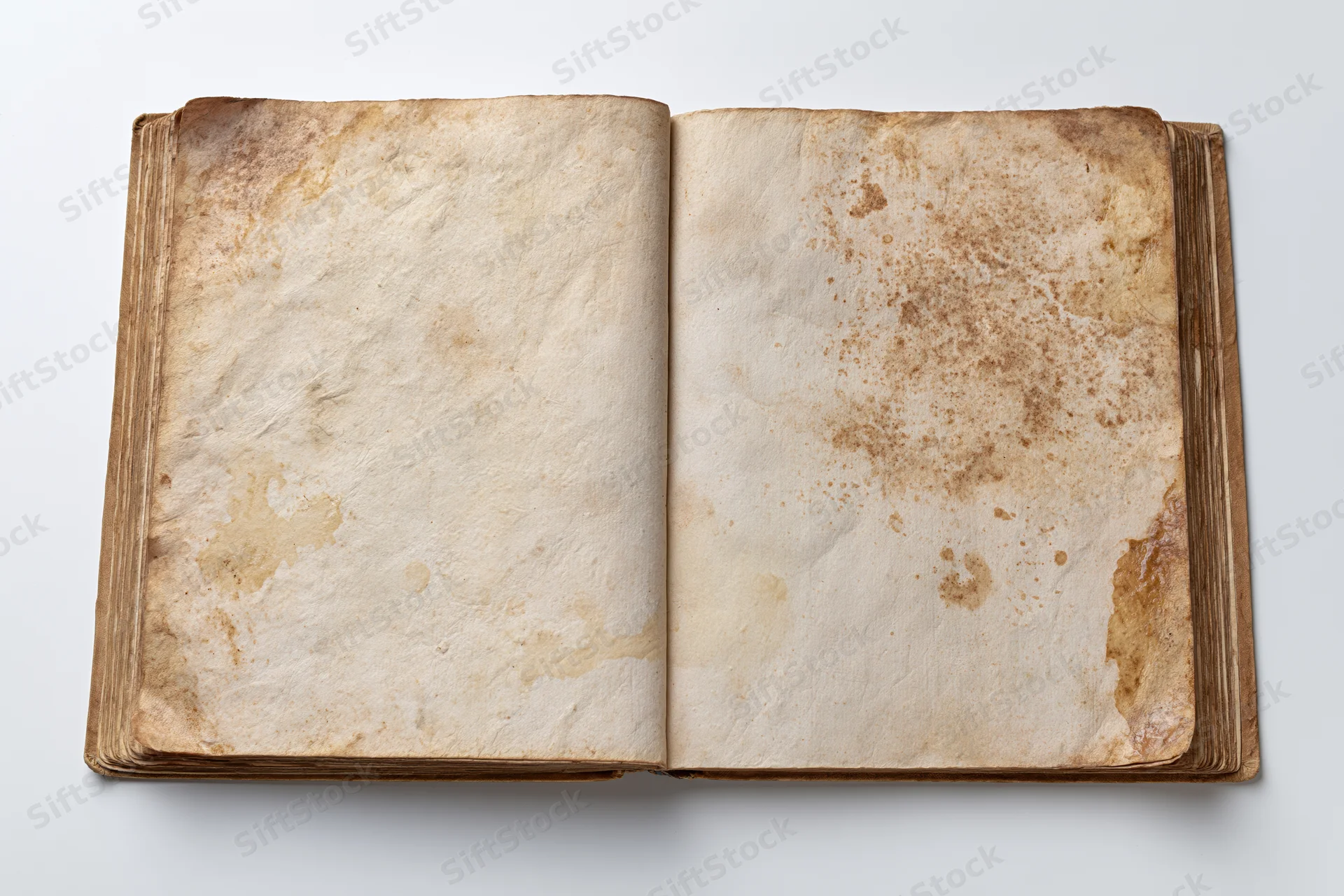 Open vintage book with blank yellowed pages lying flat on white surface