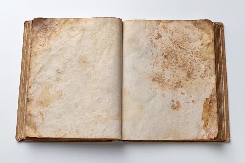 Open vintage book with blank yellowed pages lying flat on white surface