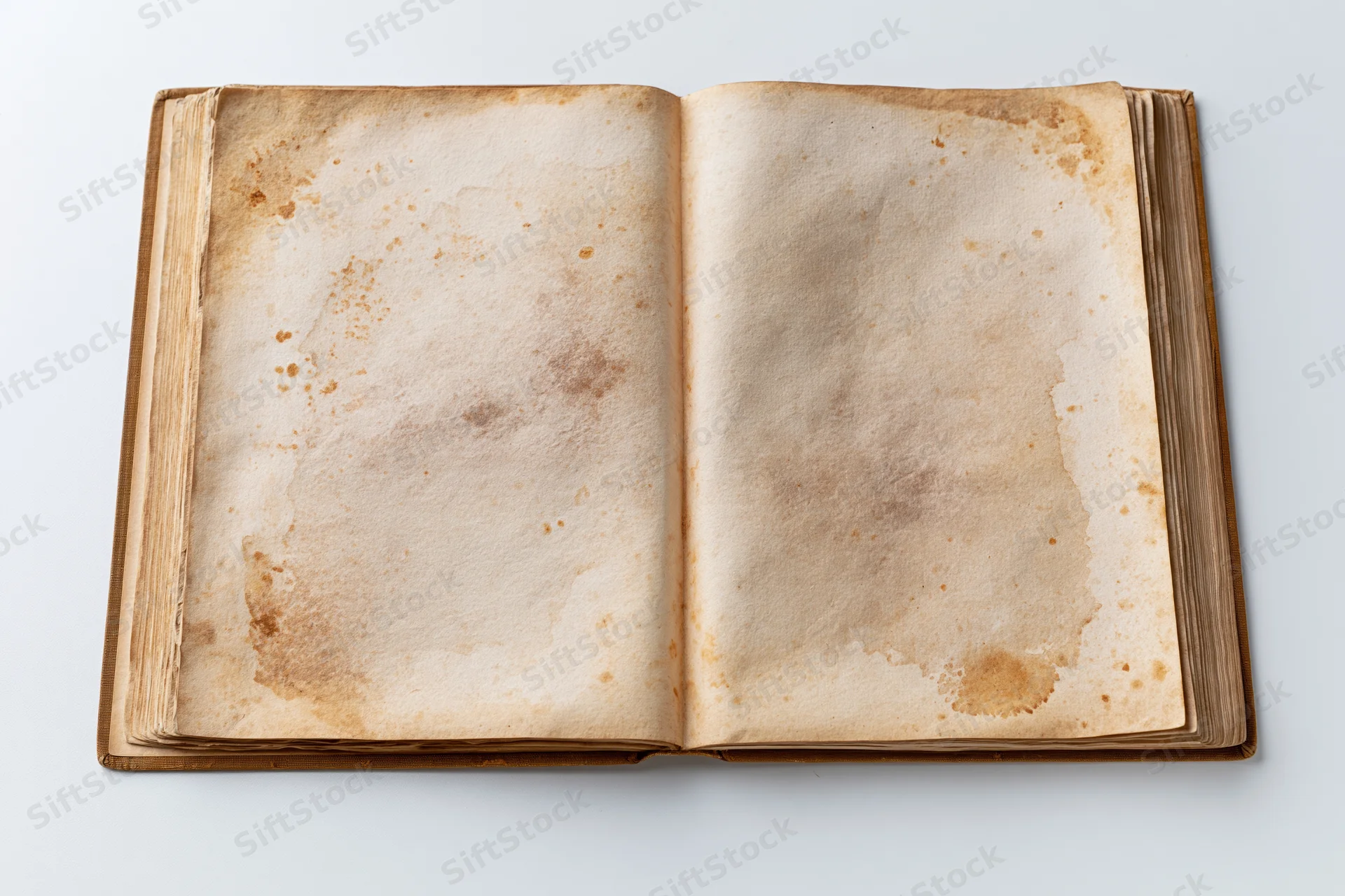 Open vintage hardcover book with blank yellowed pages on white surface
