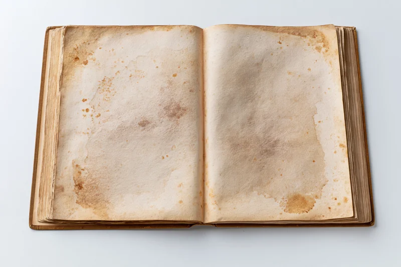Open vintage hardcover book with blank yellowed pages on white surface