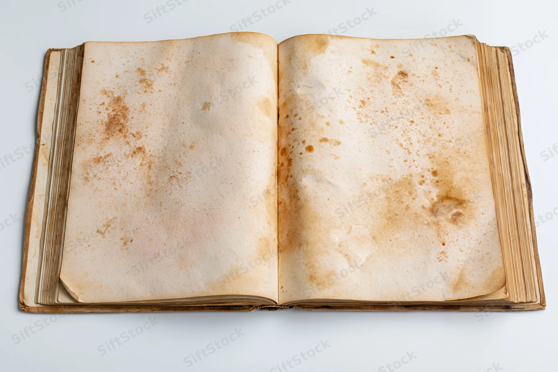 Open vintage book with blank yellowed pages lying flat on white surface
