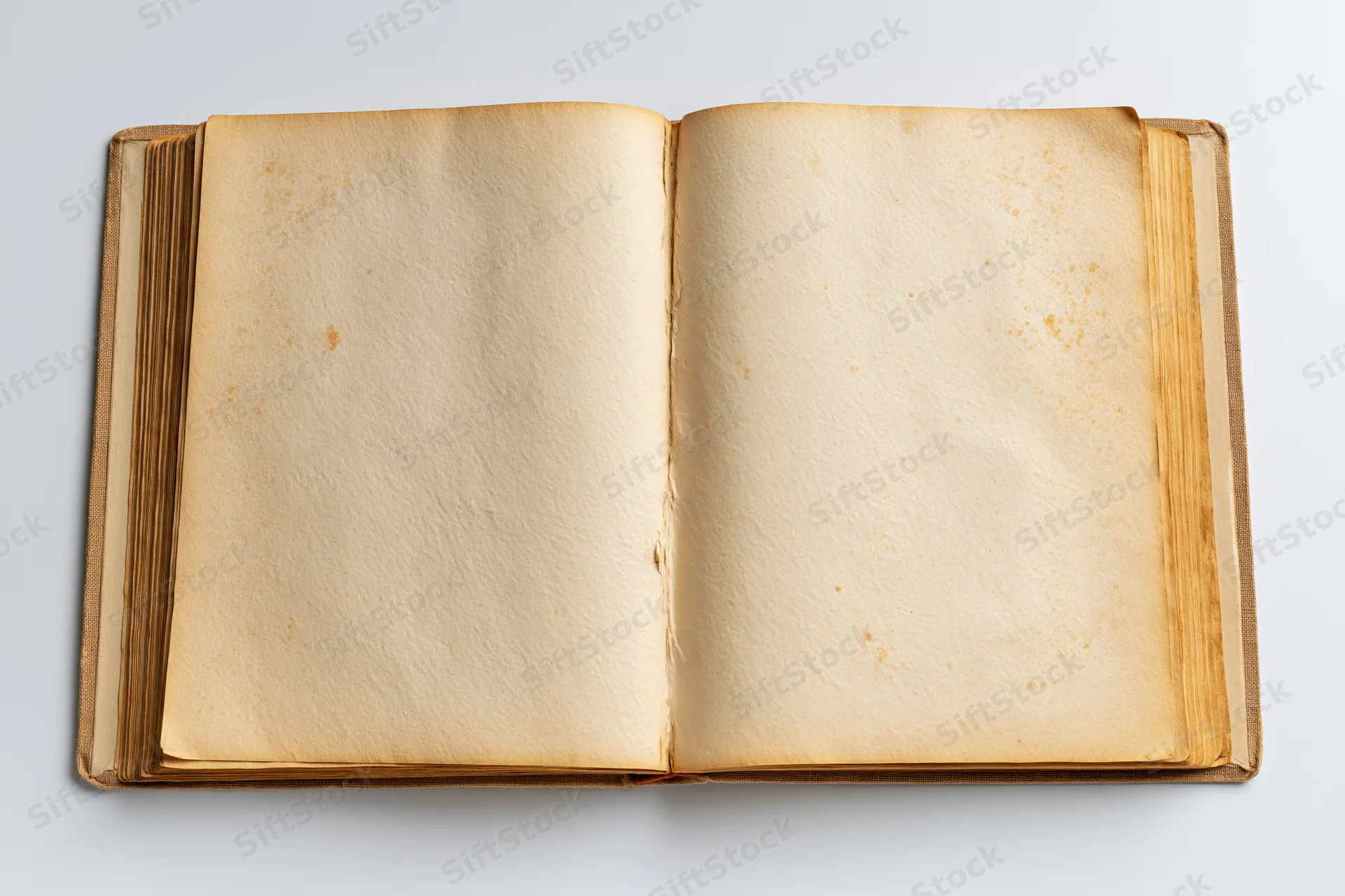 Open vintage hardcover book with blank aged pages on white surface