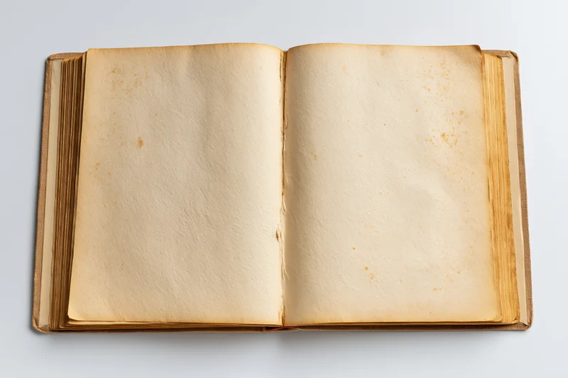 Open vintage hardcover book with blank aged pages on white surface
