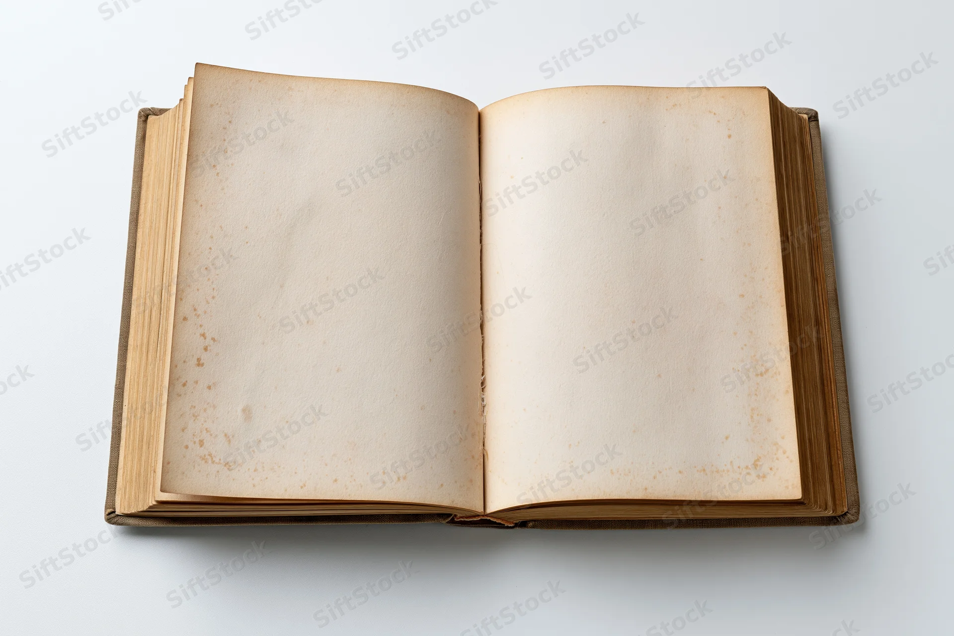 Open vintage hardcover book with blank aged pages on white background