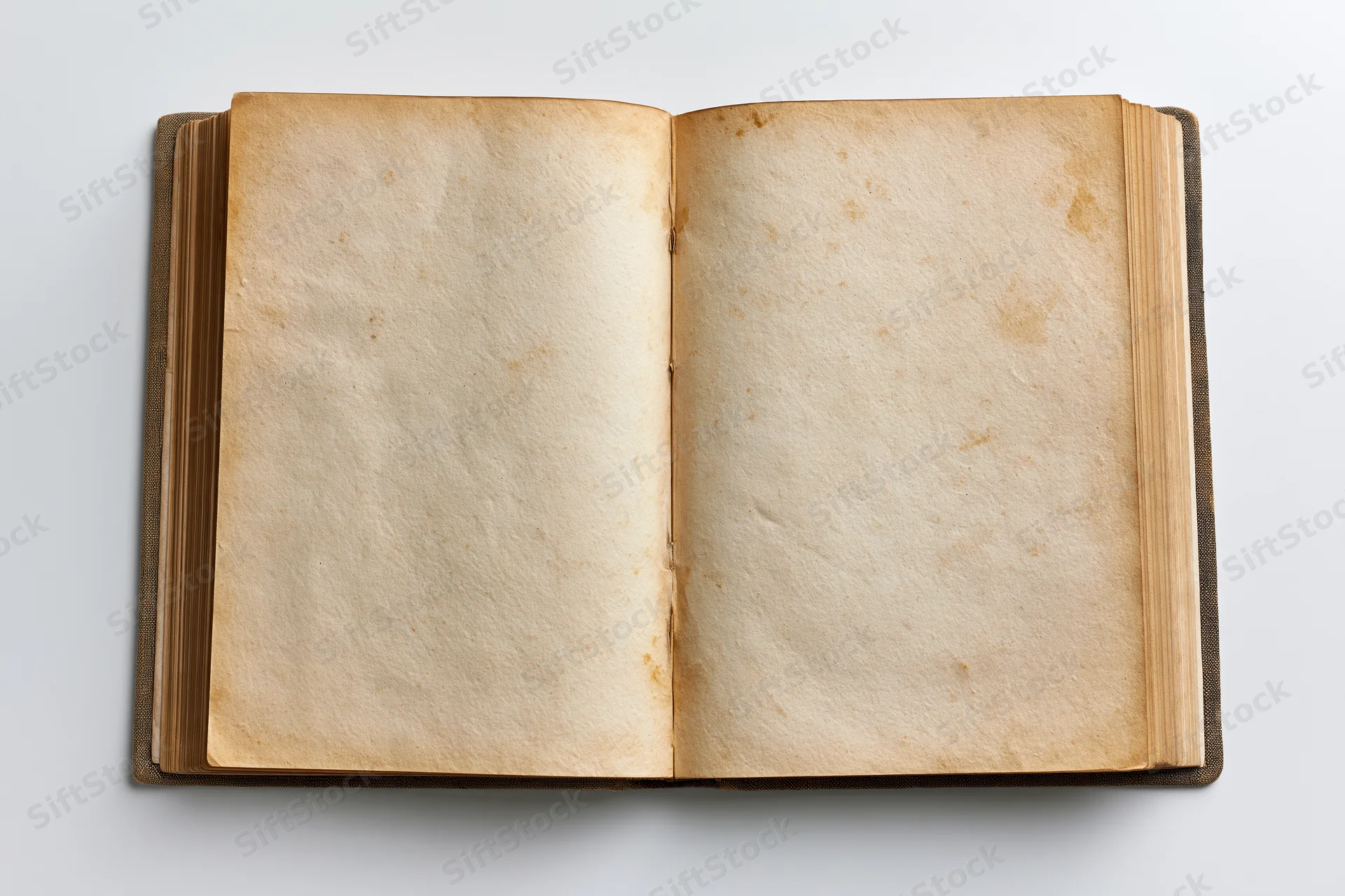 Open vintage hardcover book with blank aged pages on white surface