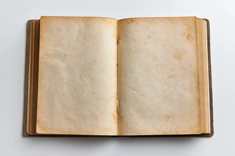 Open vintage hardcover book with blank aged pages on white surface