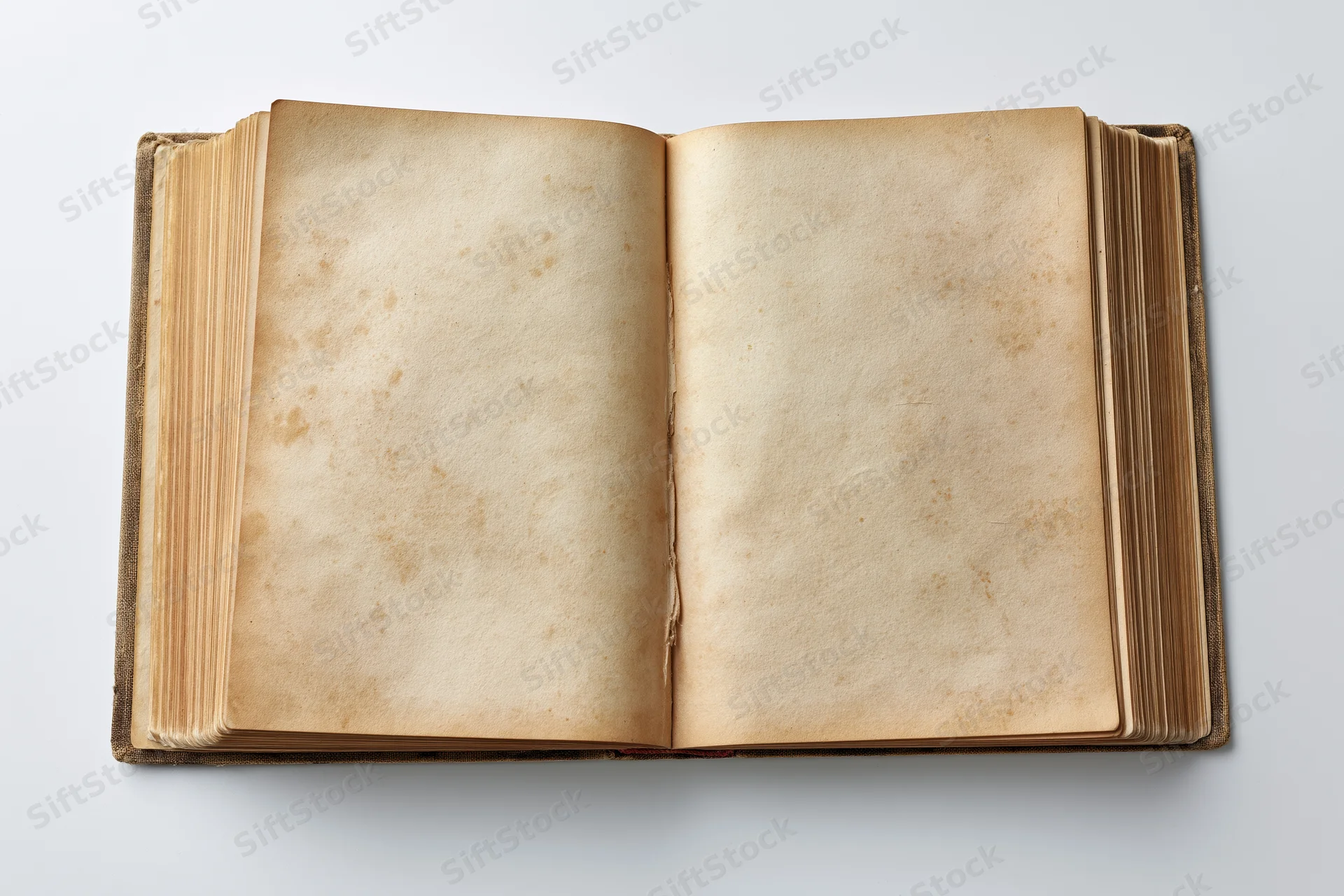 Open vintage hardcover book with blank aged pages on white surface