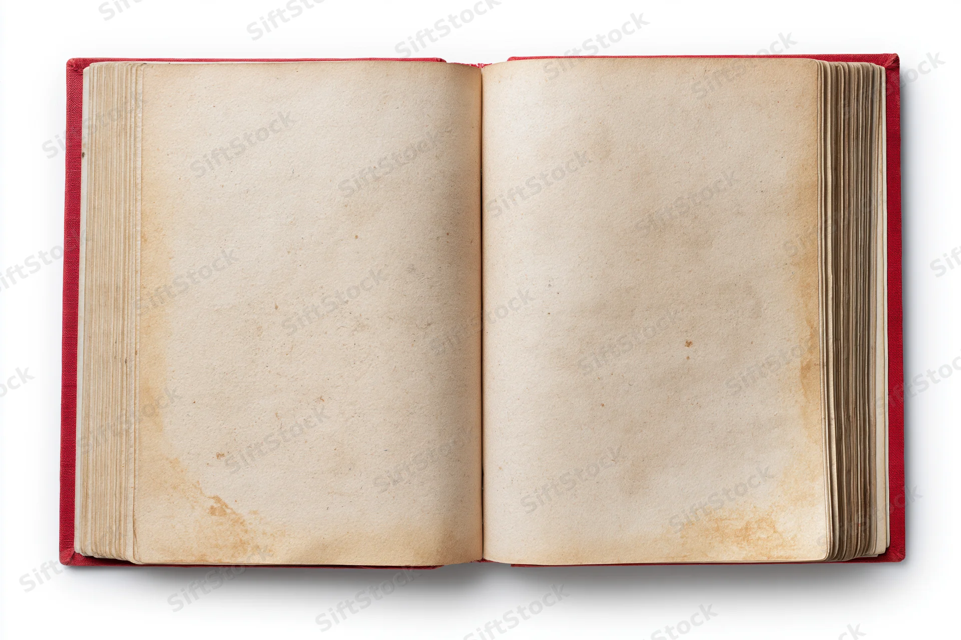 Open vintage hardcover book with blank aged pages on white background