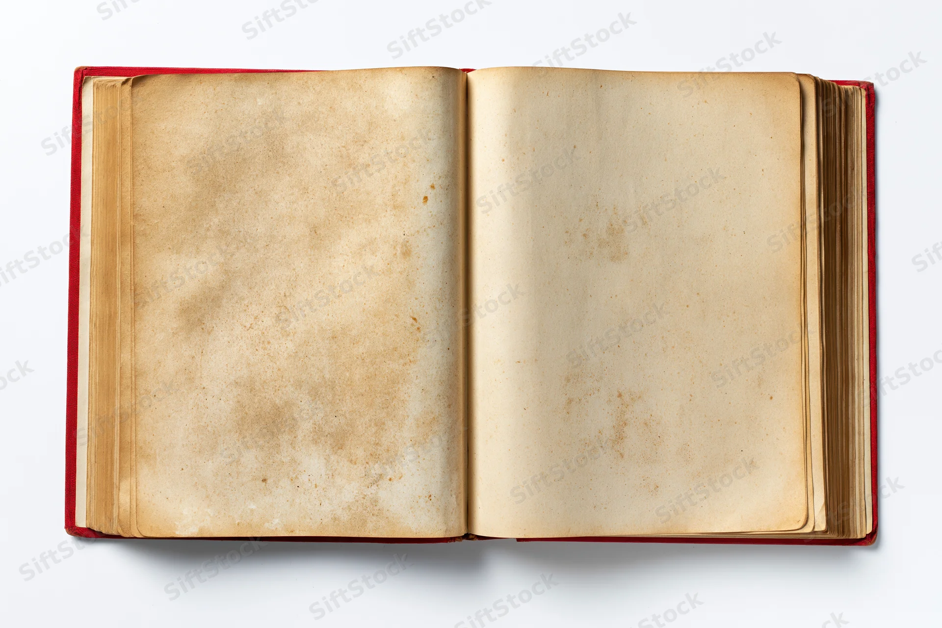 Open vintage hardcover book with blank aged yellowed pages on white background