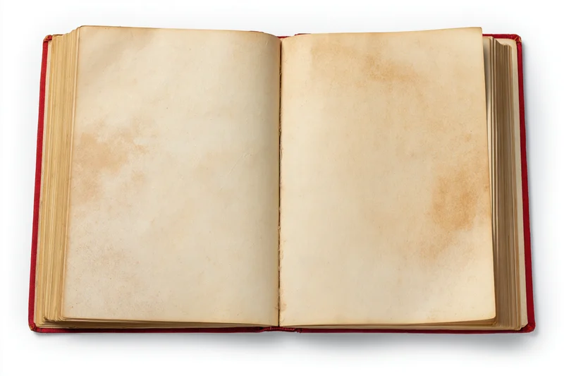 Open vintage hardcover book with blank aged pages on white background