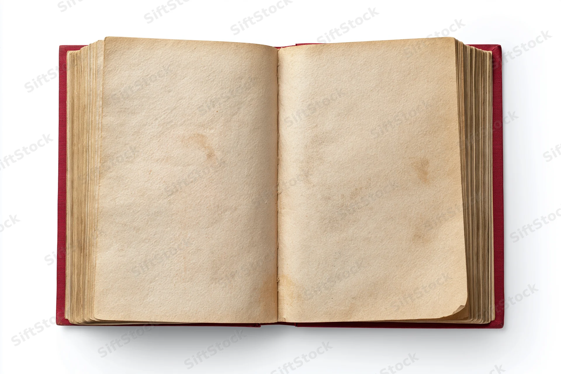 Open vintage hardcover book with blank aged pages on white background
