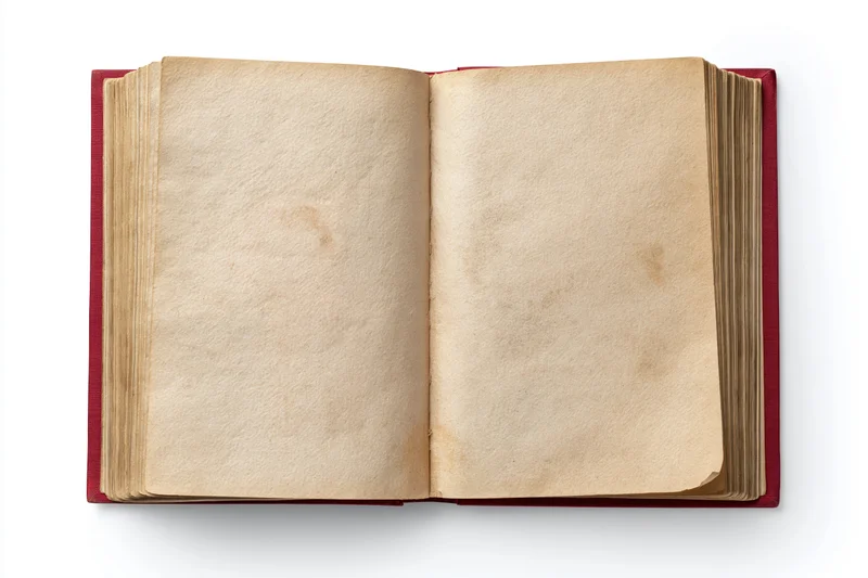 Open vintage hardcover book with blank aged pages on white background